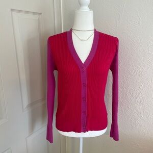 LOFT Red and Purple V-Neck Cardigan